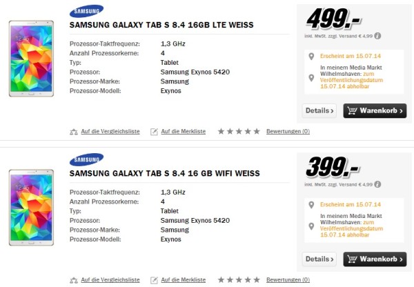 Samsung GALAXY Tab S 8.4 & 10.5 ab 15. Juli ab EUR 399,00 erhältlich