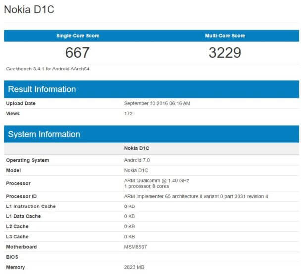Nokia D1C GeekBench Android Smartphone
