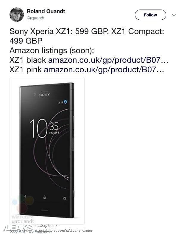 Sony Xperia XZ1 und Xperia XZ1 Compact: Neue Bilder und Preise geleakt