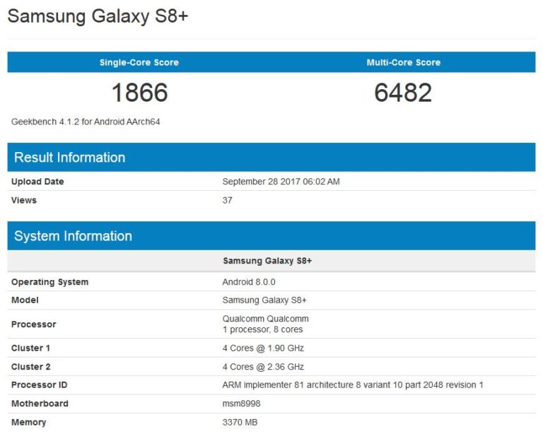 Samsung Galaxy S8+ mit Android 8.0 Oreo zeigt sich im Geekbench