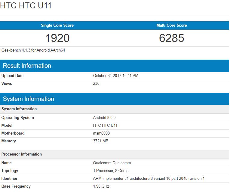 HTC U11 mit Android 8.0 Oreo im Geekbench aufgetaucht