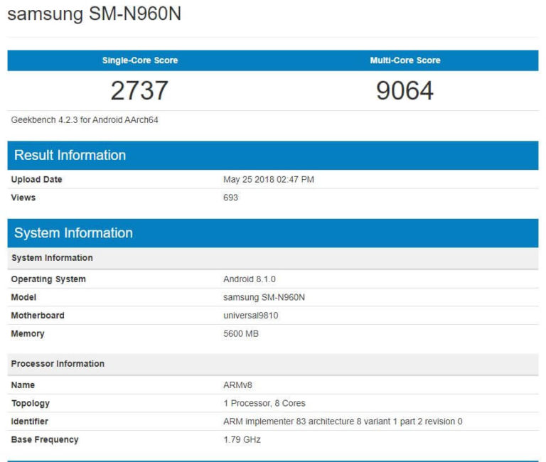 Samsung Galaxy Note 9 SM-N960N Geekbench