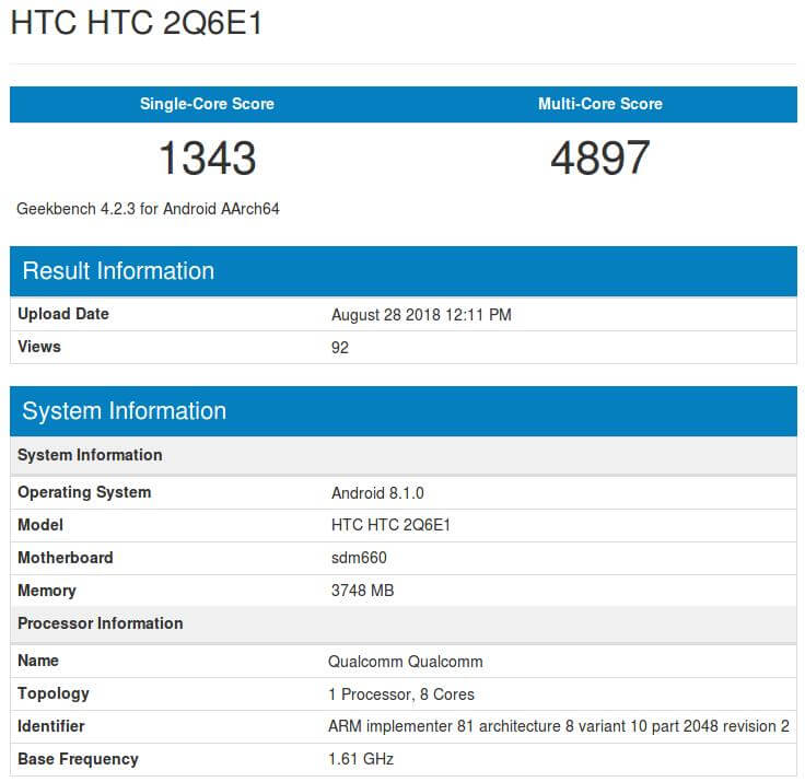 HTC U12 Life Geekbench-Benchmark