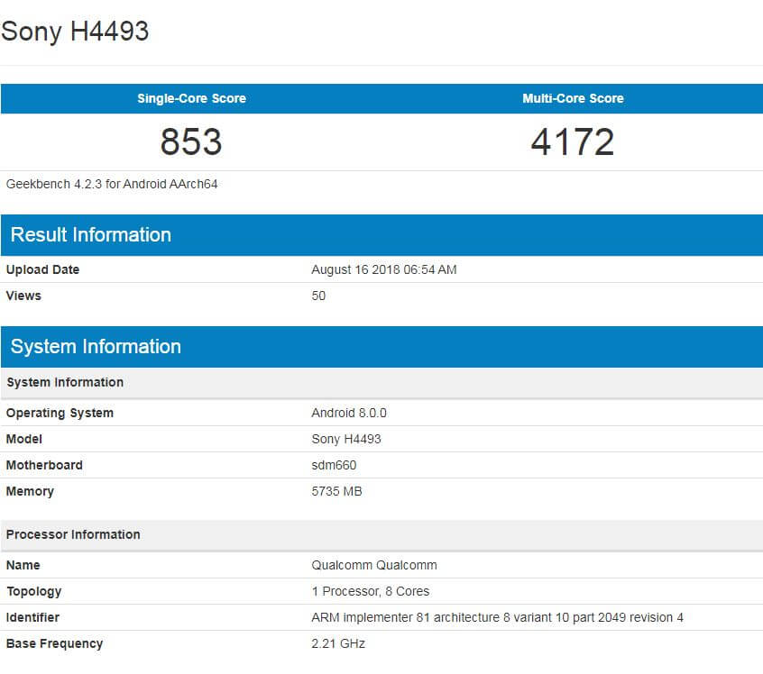 Sony Xperia XA3 Geekbench