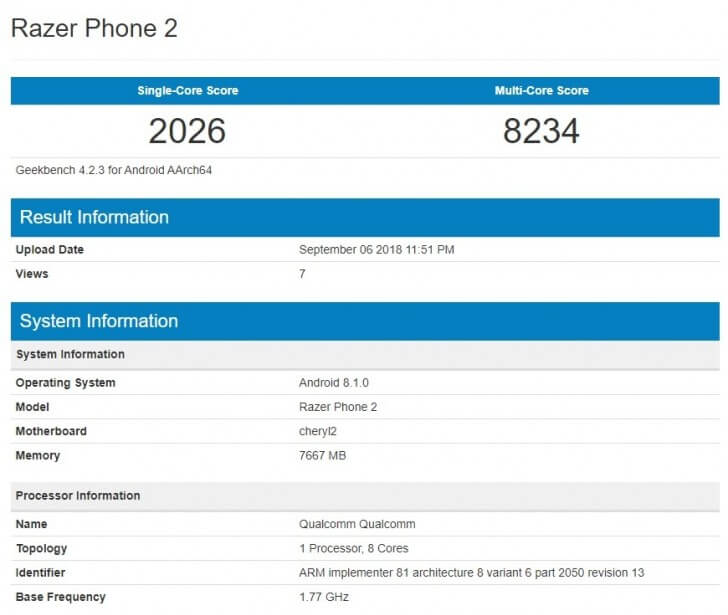 Razer Phone 2 zeigt sich im Geekbench