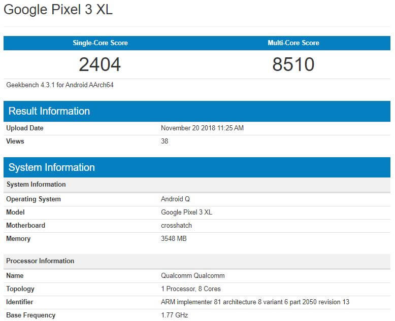 Google Pixel 3 XL Android Q Benchmark