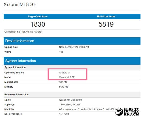 Xiaomi Mi 8 SE mit Android Q Benchmark