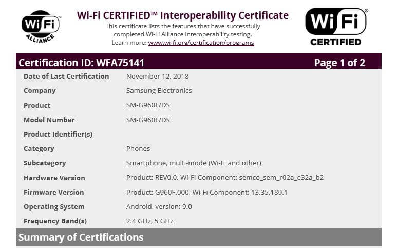 Samsung Android 9 Pie Wi-Fi Alliance