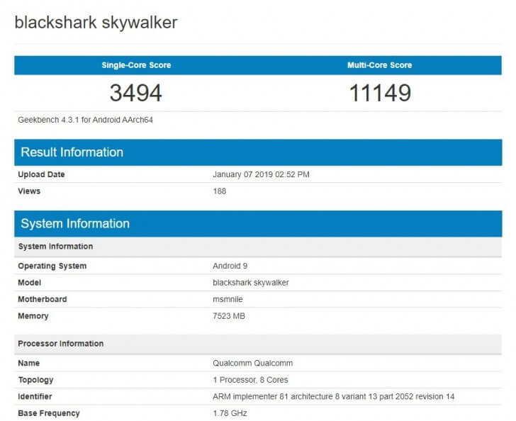 Xiaomi Black Shark Skywalker mit Snapdragon 855 zeigt sich im Geekbench