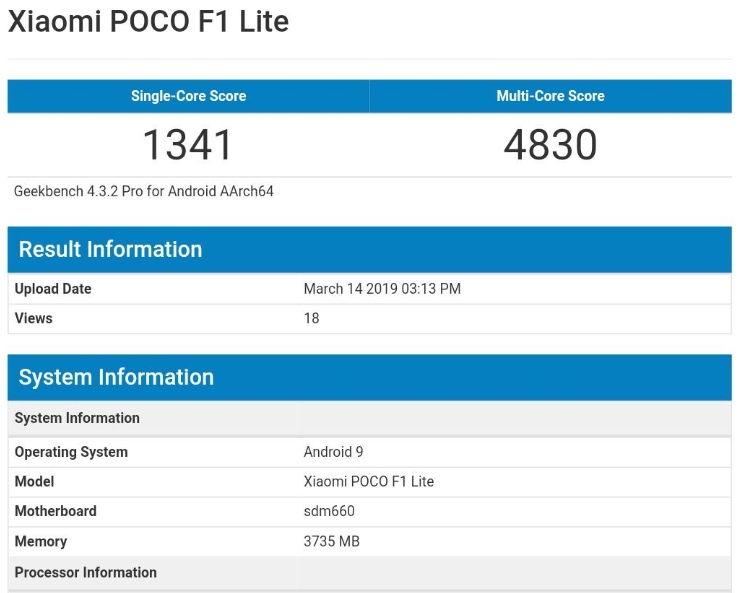 Xiaomi Pocophone F1 Lite Geekbench-Benchmark