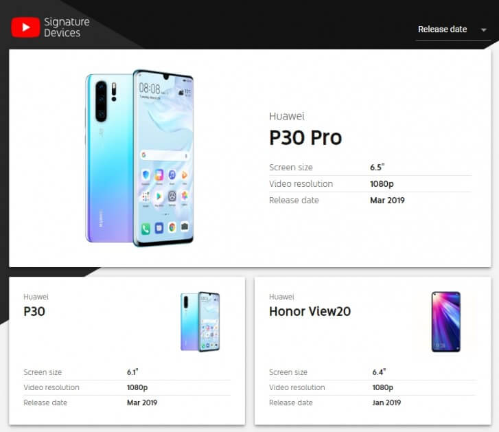 "YouTube Signature" Huawei P30, P30 Pro und Honor View20 Eintrag