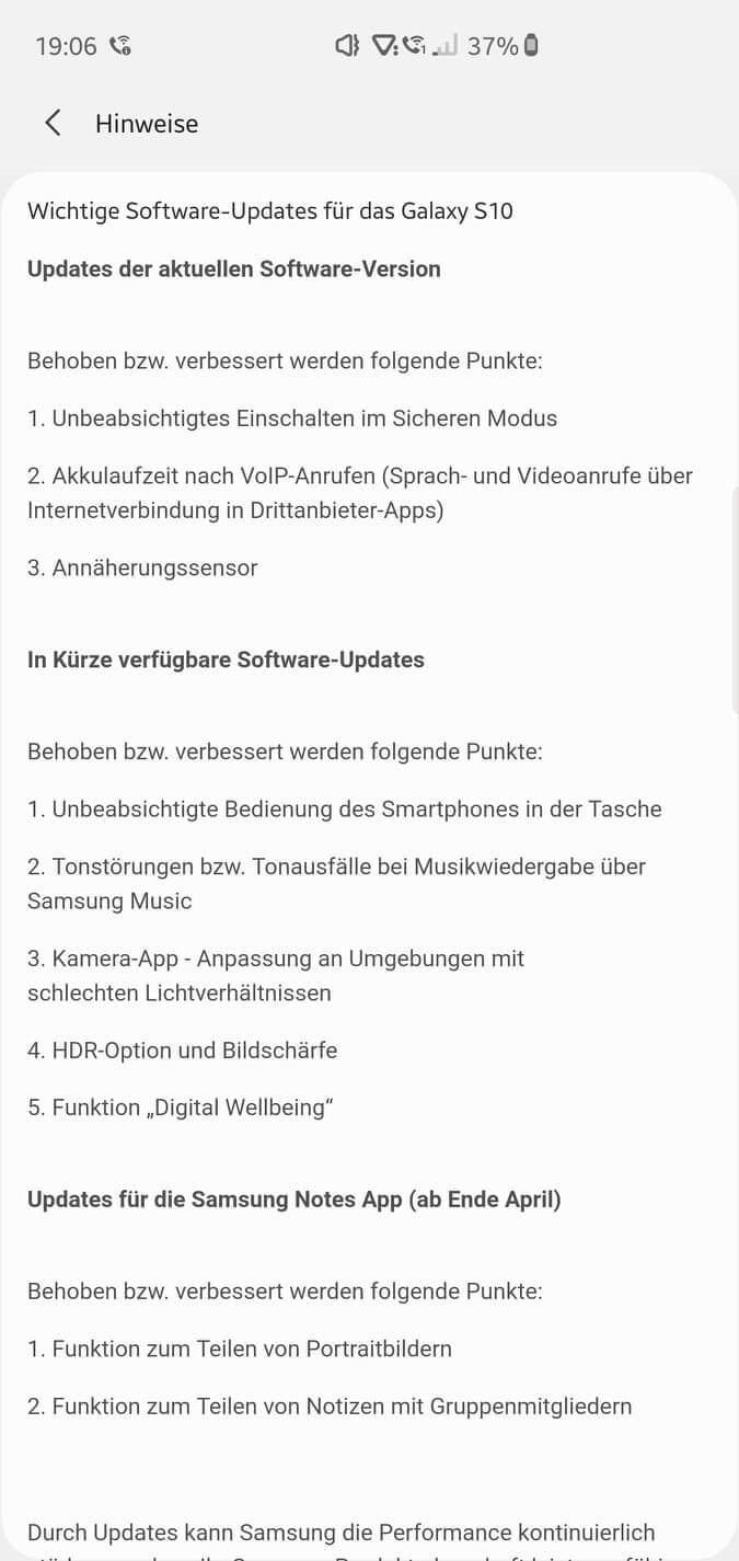 Samsung Galaxy S10 Update-Vorschau