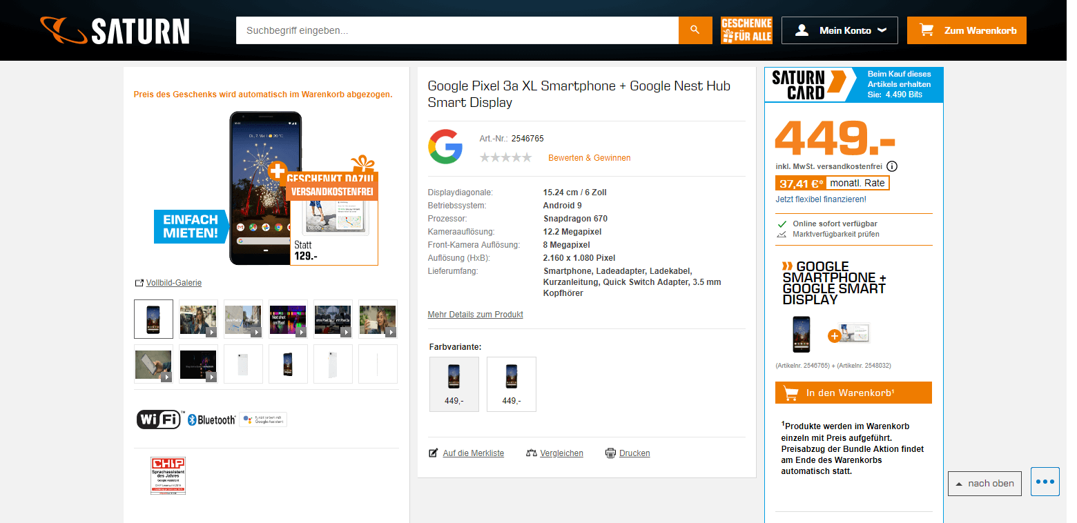 Google Pixel 3a XL Saturn-Angebot