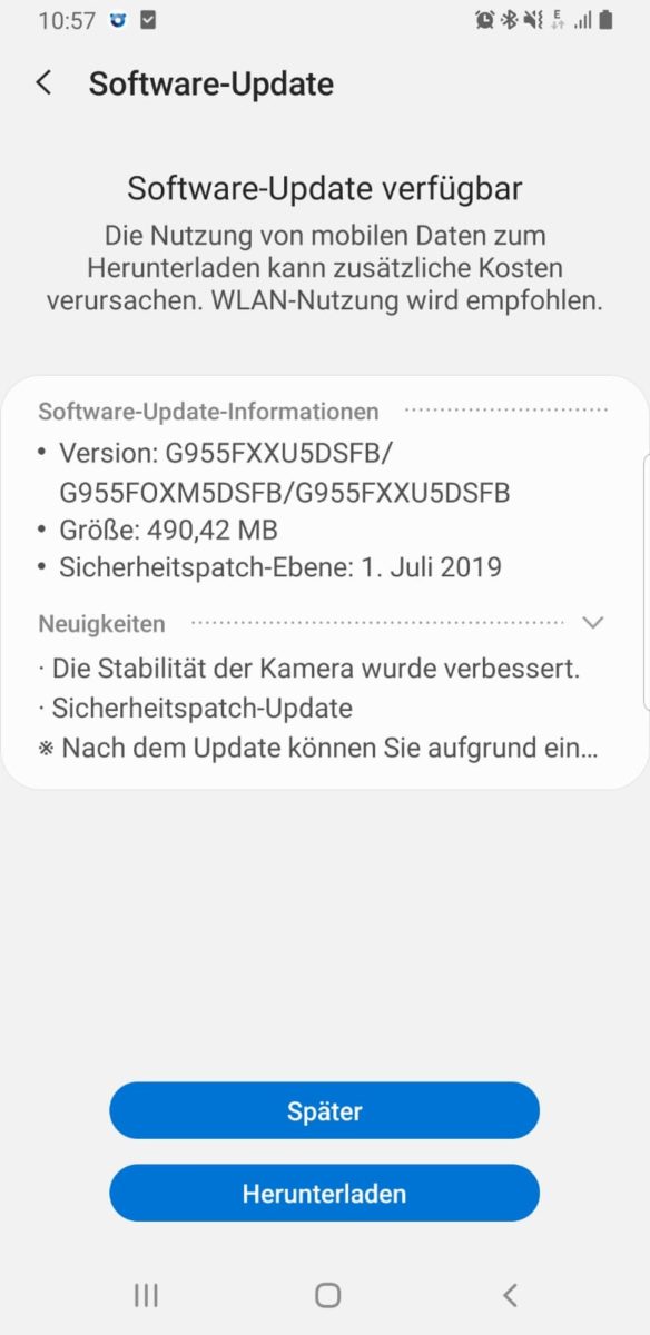 Samsung Galaxy S8+ Juli 2019 Update Deutschland