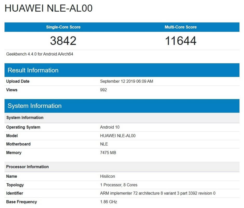 Huawei HiSilicon Kirin 990 Geekbench-Benchmark