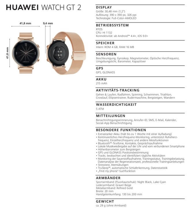 Huawei Watch GT 2 42mm SpecsHuawei Watch GT 2 42mm Specs