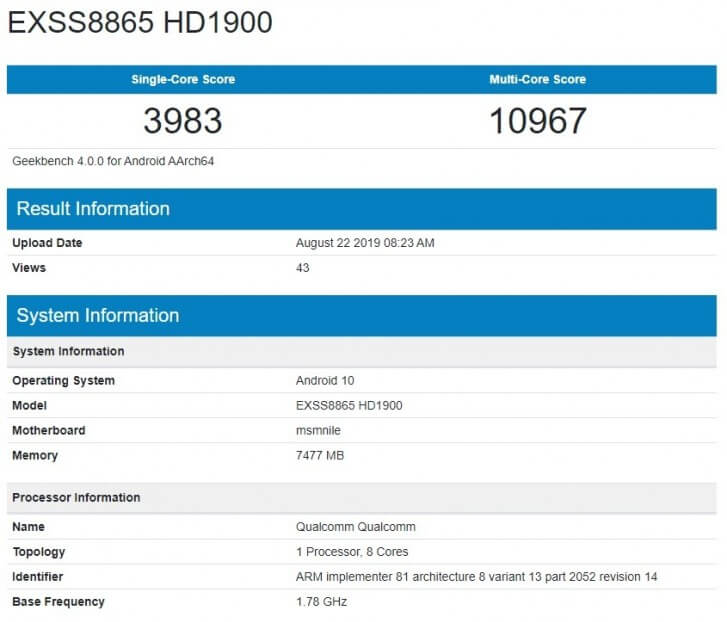 OnePlus 7T Android 10 Geekbench