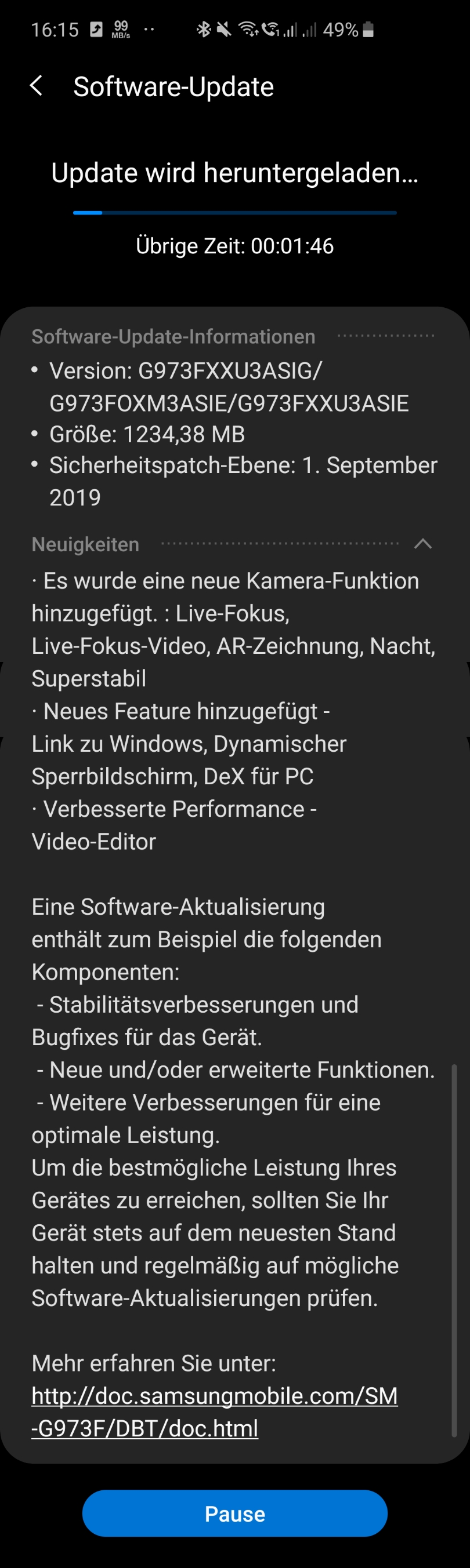 Samsung Galaxy S10-Reihe September 2019 Update