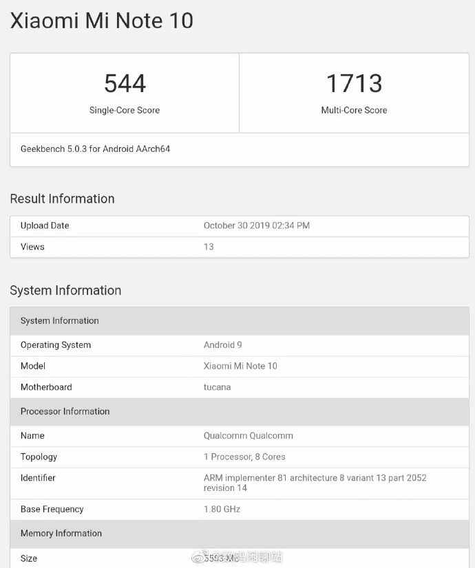 Xiaomi Mi Note 10 Geekbench