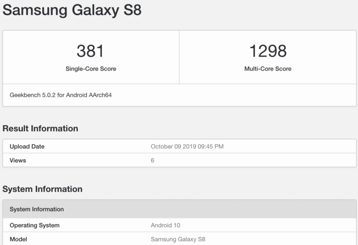 Samsung Galaxy S8 Android 10 Geekbench
