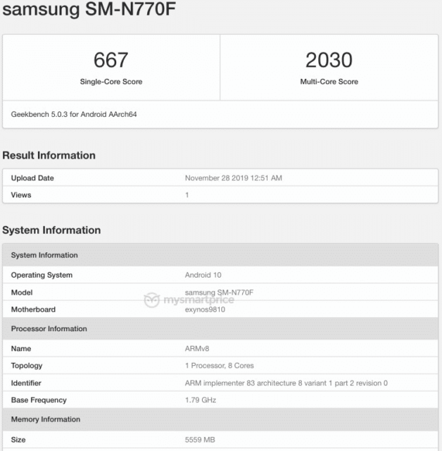 Samsung Galaxy Note 10 Lite Geekbench