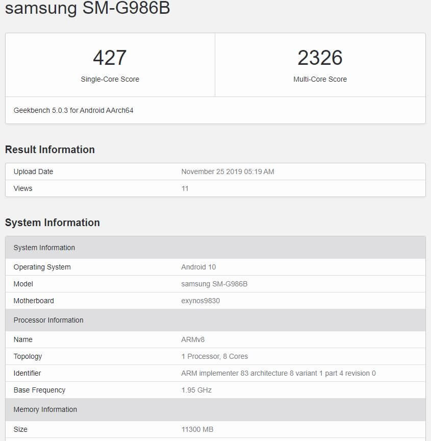 Samsung Galaxy S11 5G Geekbench