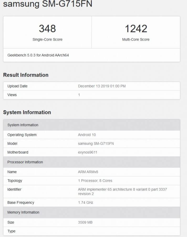Samsung Galaxy Xcover Pro Geekbench