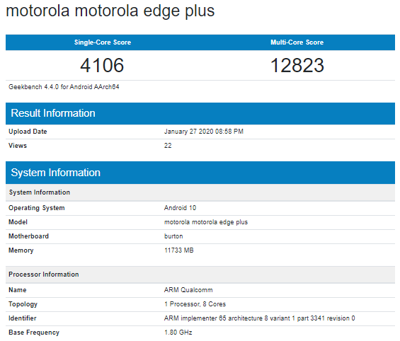 Motorola Edge+ Geekbench