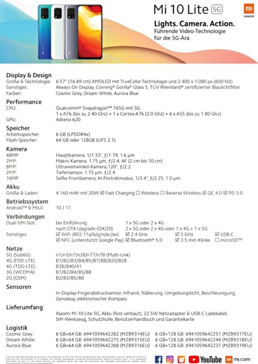 Xiaomi Mi 10 Lite Spezifikationen