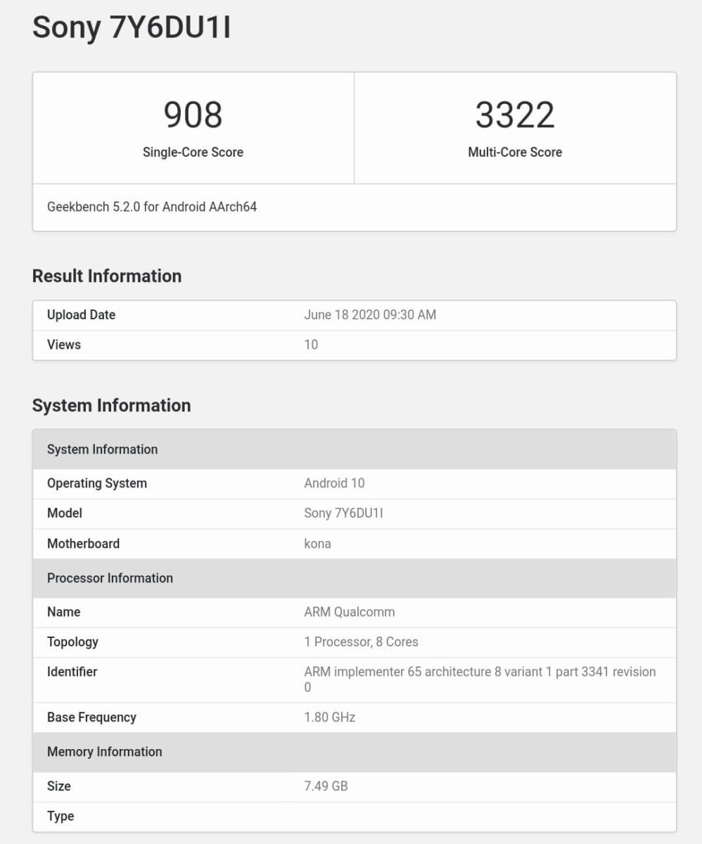 Sony Xperia 5 II Geekbench Sony Xperia 5 II Geekbench
