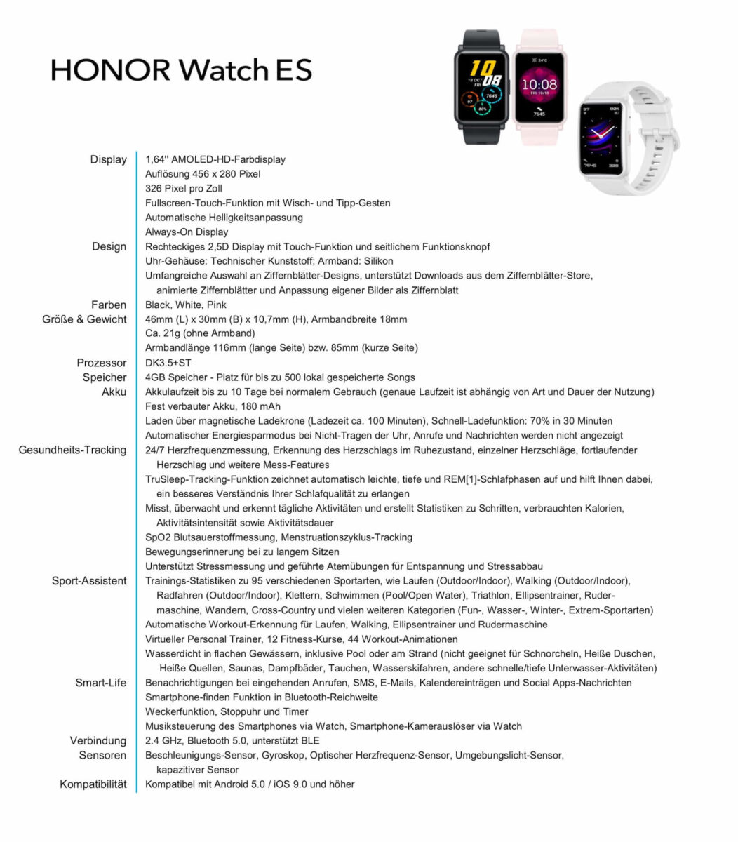 Honor Watch ES Spezifikationen