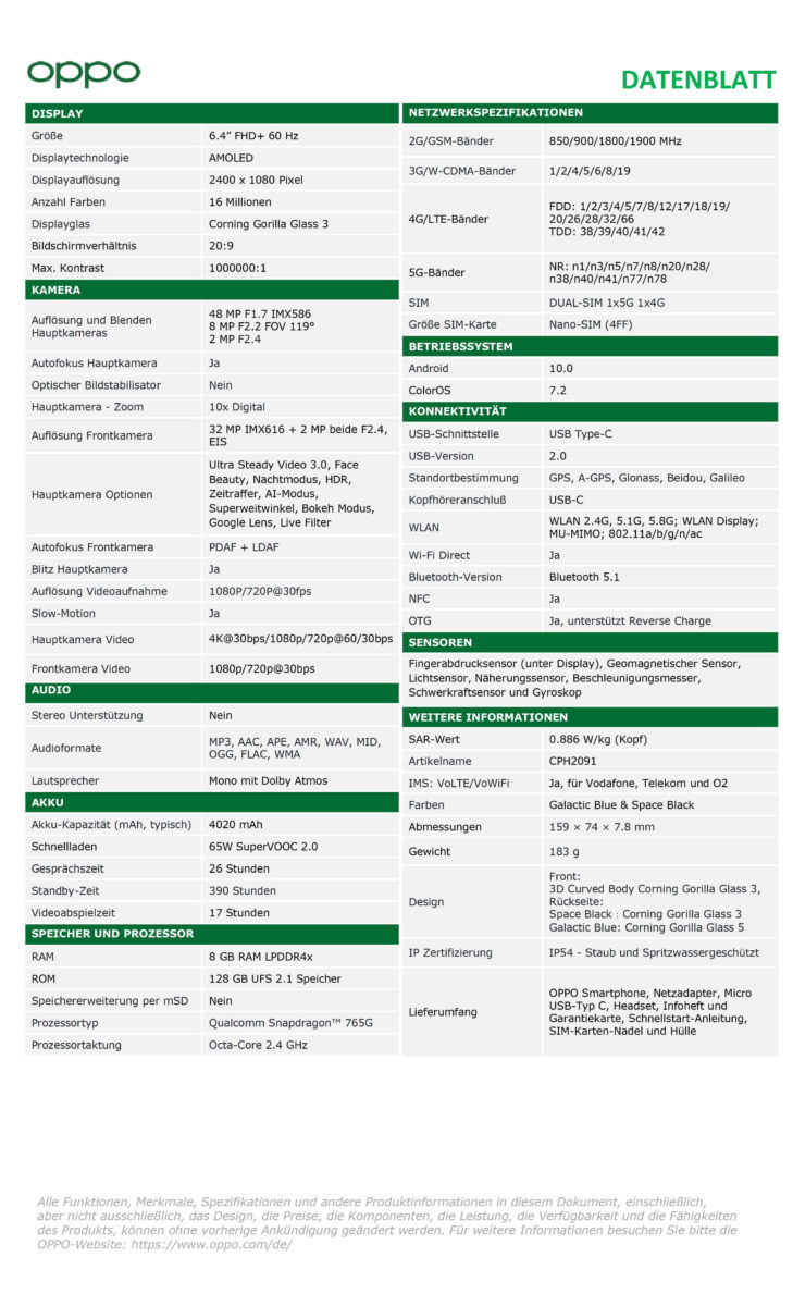 Datenblatt OPPO Reno4 5G Datenblatt OPPO Reno4 5G