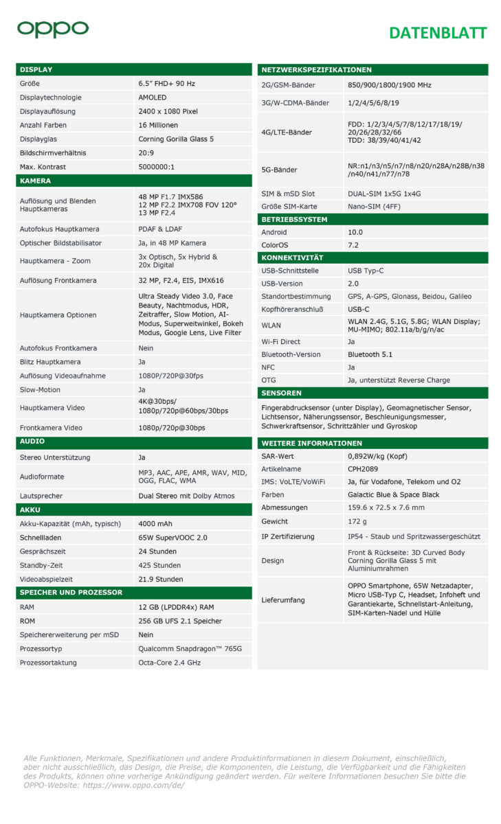 Datenblatt OPPO Reno4 Pro 5G Datenblatt OPPO Reno4 Pro 5G