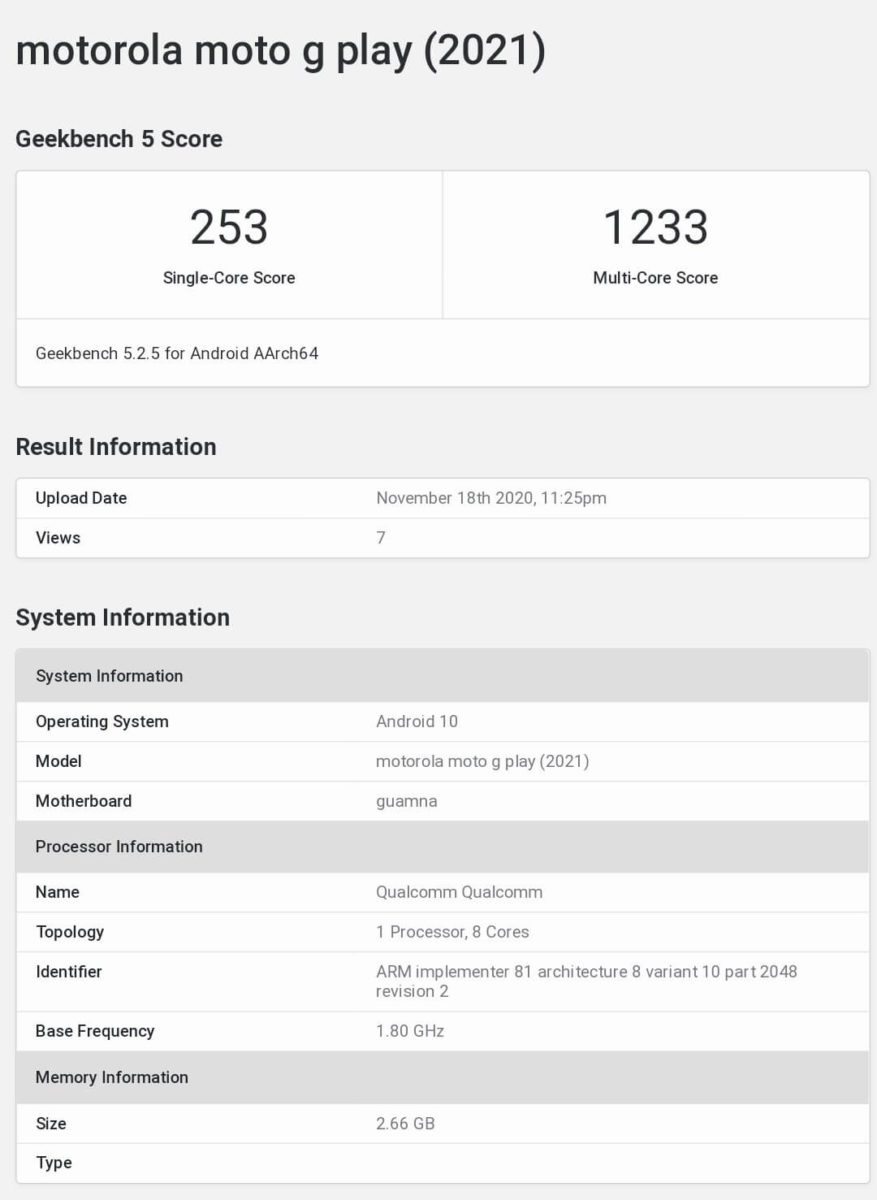 Motorola Moto G Play (2021) Geekbench Motorola Moto G Play (2021) Geekbench