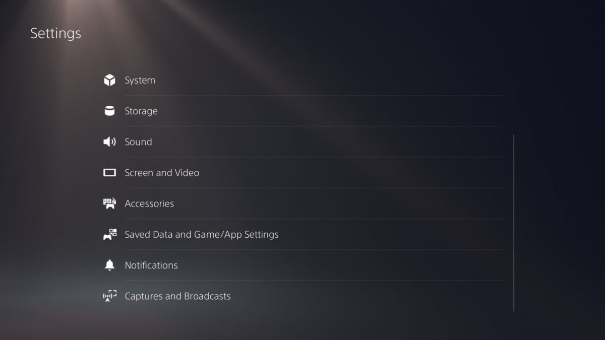 Sony PS5 Main Settings Menü