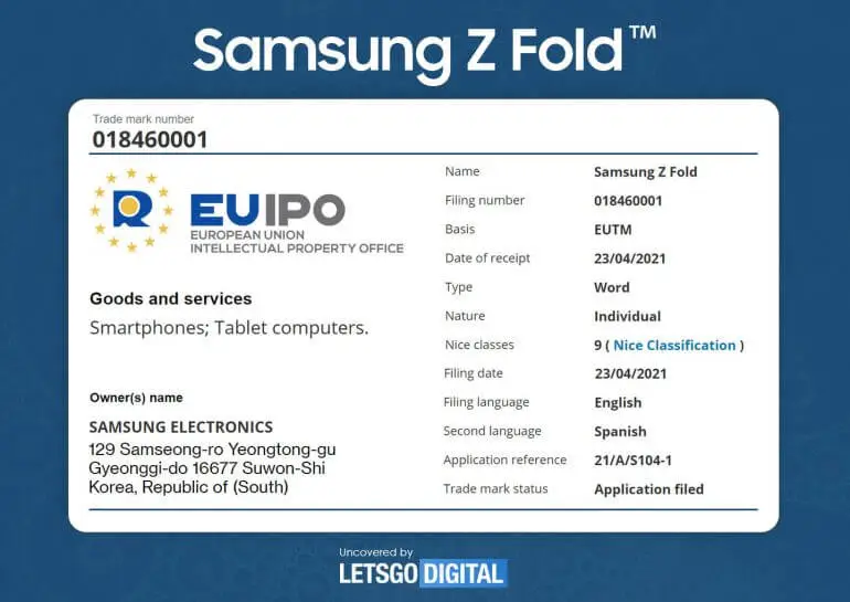 Samsung Galaxy Z Fold Tab EUIPO-Eintrag Samsung Galaxy Z Fold Tab EUIPO-Eintrag