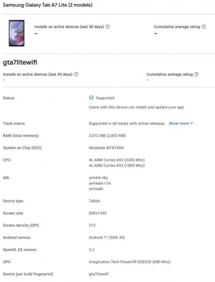Samsung Galaxy Tab A7 Lite WiFi Google Play Console