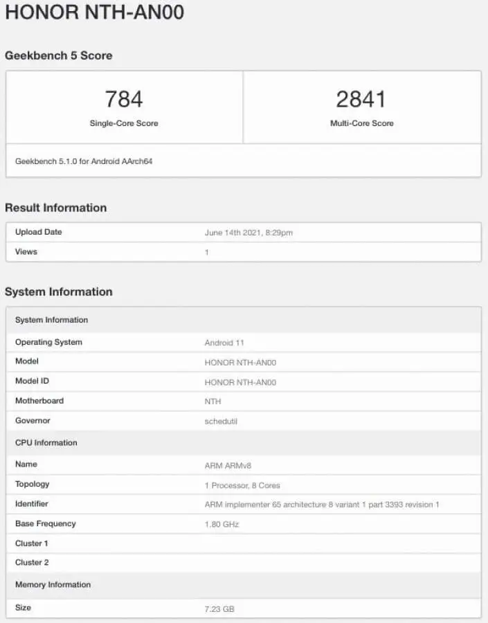 Honor 50 Geekbench