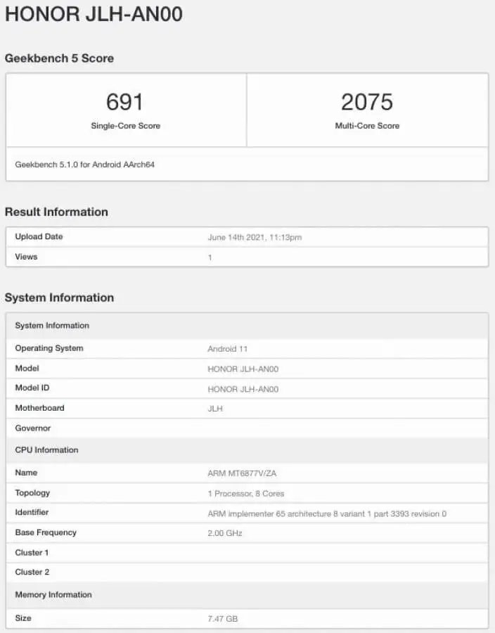 Honor 50 SE Geekbench