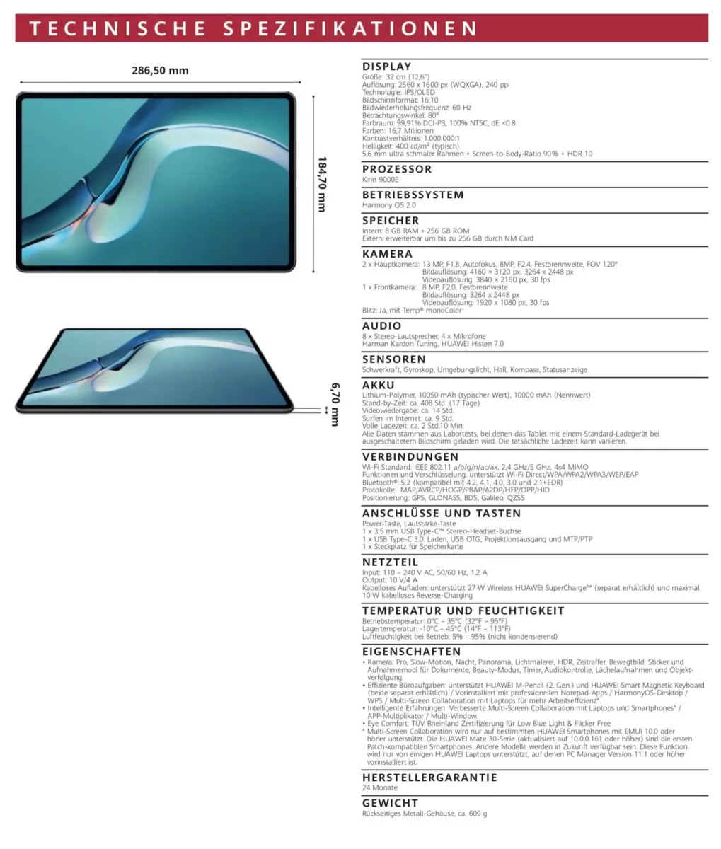 Huawei MatePad Pro 12.6 Specs