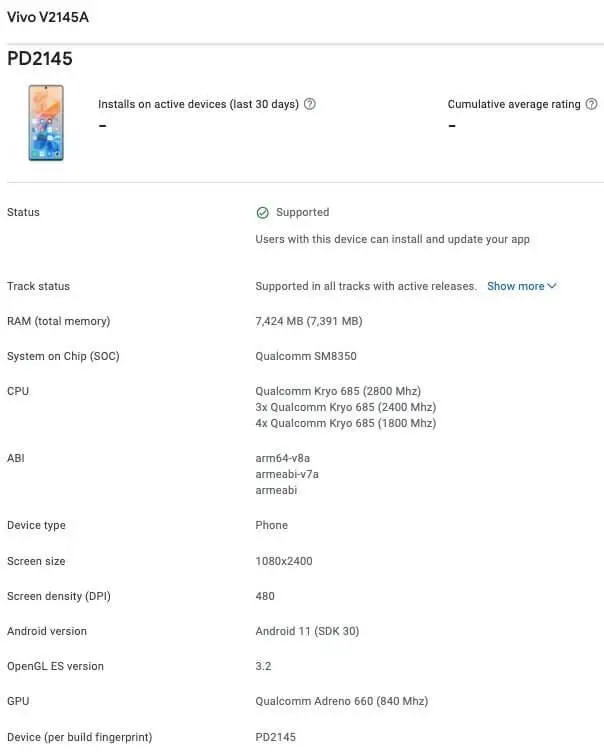 Vivo X70 Pro+ V2145A Google Play Console