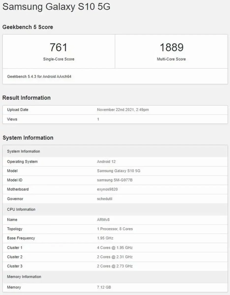 Samsung Galaxy S10 5G Android 12 Geekbench