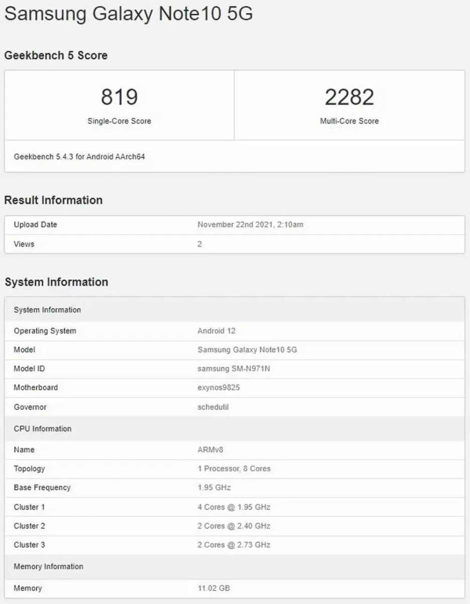 Samsung Galaxy Note 10 5G Android 12 Geekbench