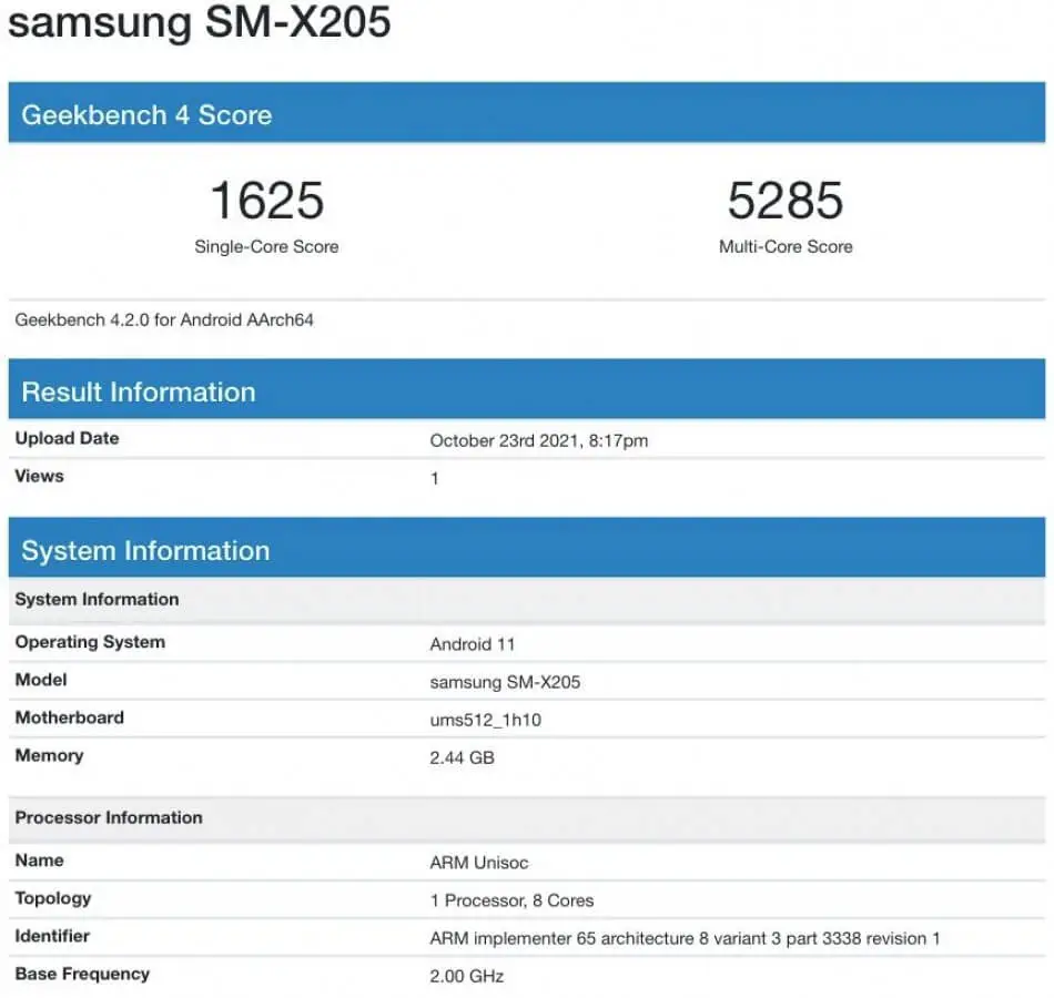 Samsung Galaxy Tab A8 2021 Geekbench