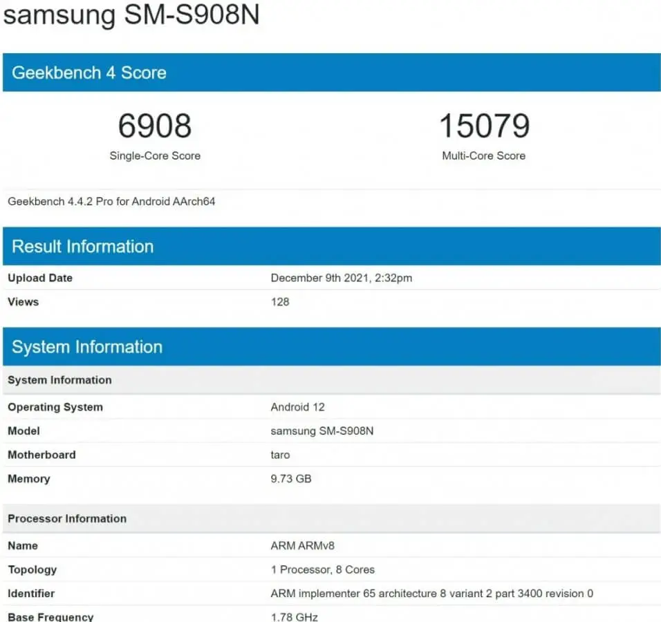 Samsung Galaxy S22 Ultra Geekbench