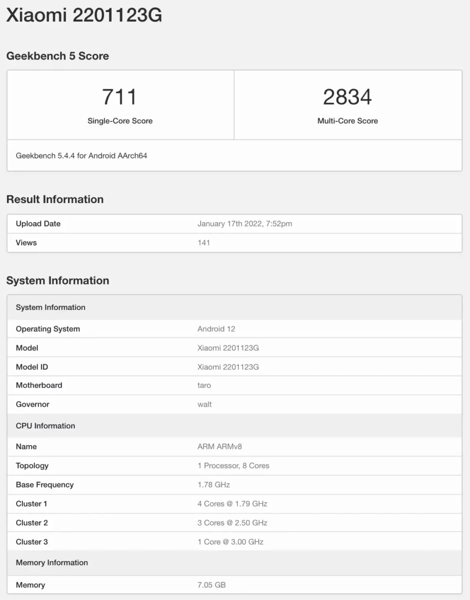 Xiaomi 12 Global Geekbench Xiaomi 12 Global Geekbench
