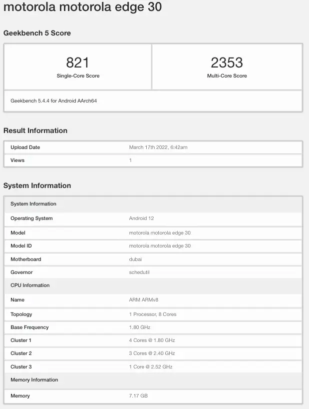 Motorola Edge 30 GeekBench Motorola Edge 30 GeekBench