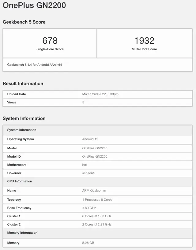 OnePlus GN2200 GeekBench