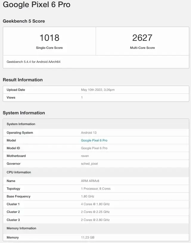 Google Pixel 6 Pro Android 13 GeekBench