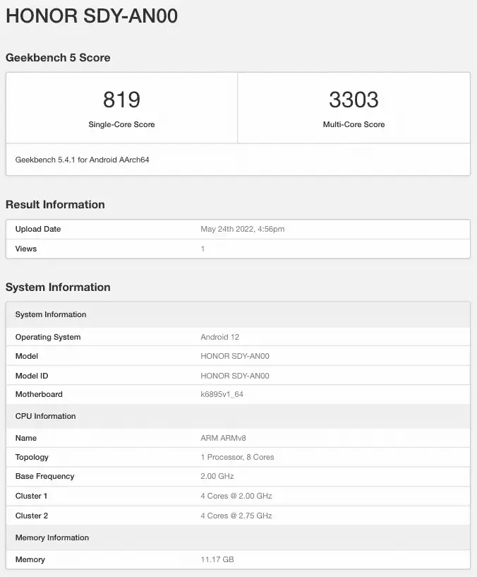 Honor 70 Pro GeekBench Honor 70 Pro GeekBench